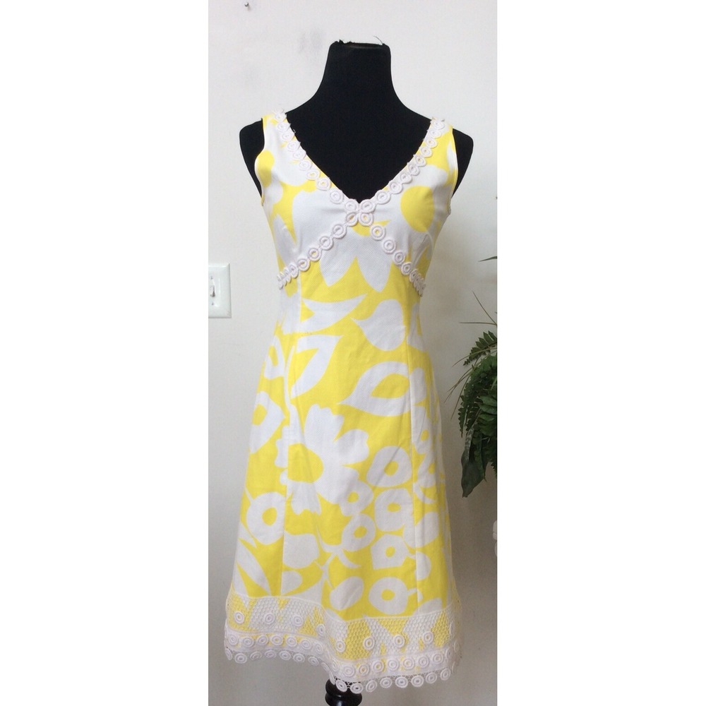 J.Crew‎ Yellow White Floral Lace Trim Cotton Blend Sheath Dress Size 4 EUC! $158